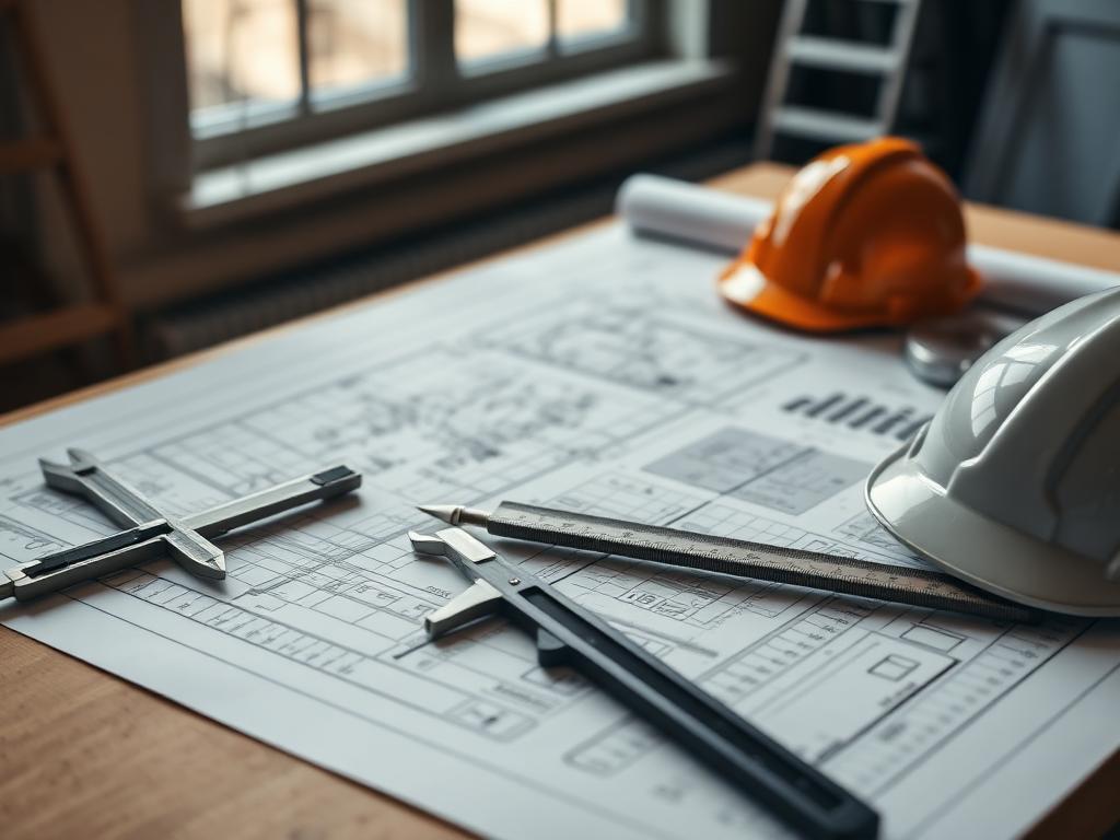 Engineering drawings, calipers and hard hat on a drafting table